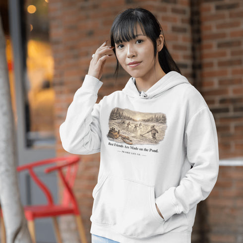 Best Friends Are Made on the Pond hoodie inspired by small town pond hockey and outdoor rink traditions. Vintage Canadian winter sweatshirt.