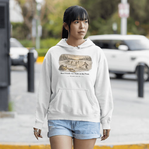 Best Friends Are Made on the Pond hoodie inspired by small town pond hockey and outdoor rink traditions. Vintage Canadian winter sweatshirt.
