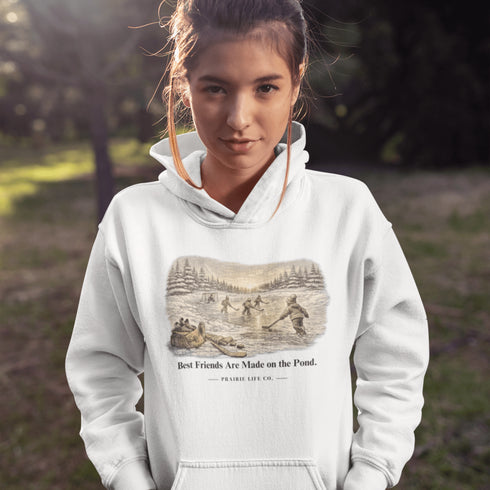 Best Friends Are Made on the Pond hoodie inspired by small town pond hockey and outdoor rink traditions. Vintage Canadian winter sweatshirt.