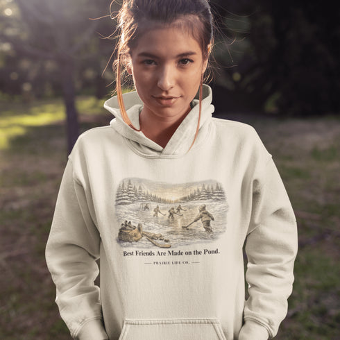 Best Friends Are Made on the Pond hoodie inspired by small town pond hockey and outdoor rink traditions. Vintage Canadian winter sweatshirt.
