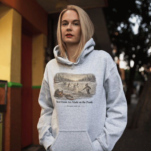 Best Friends Are Made on the Pond hoodie inspired by small town pond hockey and outdoor rink traditions. Vintage Canadian winter sweatshirt.
