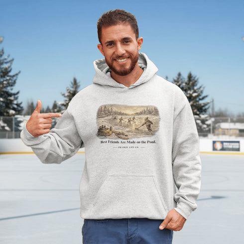 Best Friends Are Made on the Pond hoodie inspired by small town pond hockey and outdoor rink traditions. Vintage Canadian winter sweatshirt.