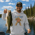 Unisex Gildan 18500 hoodie featuring a vintage-style Bigfoot fishing graphic with the phrase "Big Worm Energy," available in multiple colors.