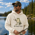 Unisex heavy blend hoodie featuring a funny frog fishing graphic and humorous Big Worm Energy design shown in various lifestyle mockups and outdoor settings.