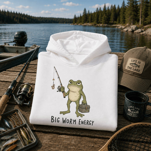 Unisex heavy blend hoodie featuring a funny frog fishing graphic and humorous Big Worm Energy design shown in various lifestyle mockups and outdoor settings.