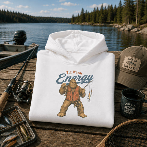 Big Worm Energy Bigfoot Fishing Hoodie | Funny Sasquatch Fishing Hoodie | Gildan 18500 Unisex Pullover