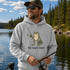 Unisex heavy blend hoodie featuring a funny frog fishing graphic and humorous Big Worm Energy design shown in various lifestyle mockups and outdoor settings.
