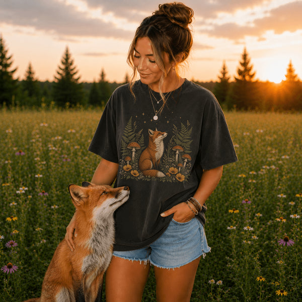 Vintage-inspired Comfort Colors® graphic t-shirt featuring a woodland fox illustration with coordinating left chest pocket design, shown on a relaxed unisex tee in an outdoor lifestyle setting.