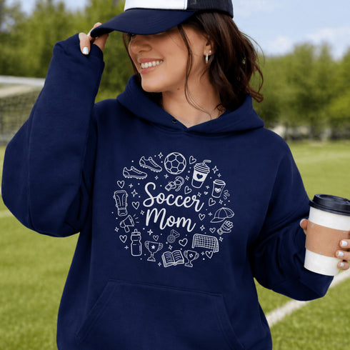 Soccer mom hoodie with playful sports-themed icons design, cozy sweatshirt for game day moms, casual athletic mom apparel