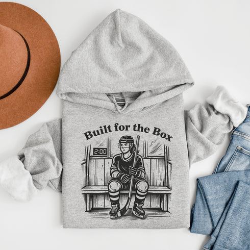 built for the box hockey hoodie with player sitting in penalty box vintage style design