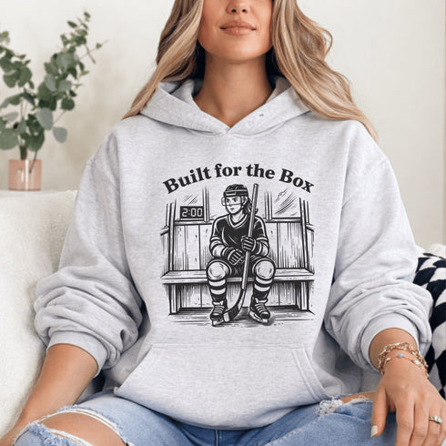 built for the box hockey hoodie with player sitting in penalty box vintage style design