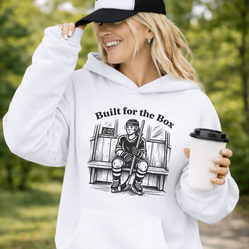 built for the box hockey hoodie with player sitting in penalty box vintage style design