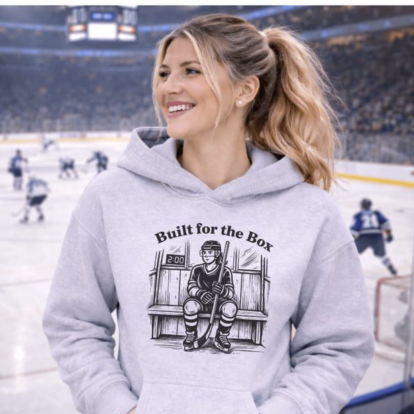 built for the box hockey hoodie with player sitting in penalty box vintage style design