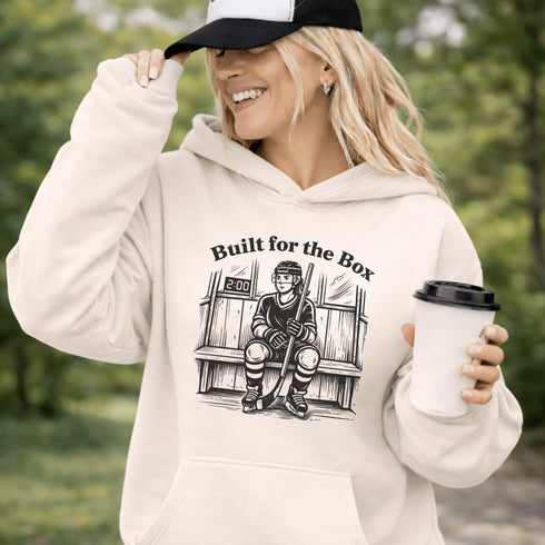 built for the box hockey hoodie with player sitting in penalty box vintage style design