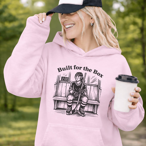 built for the box hockey hoodie with player sitting in penalty box vintage style design