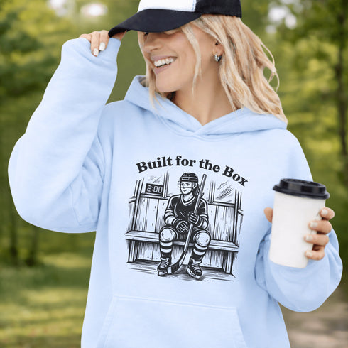 built for the box hockey hoodie with player sitting in penalty box vintage style design