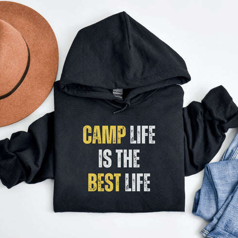 Introducing the ultimate Camping Hoodie for all you wilderness aficionados who believe that "Camp Life Is The Best Life" - because let's be honest, nothing beats the smell of pine trees in the morning, or the thrill of discovering that your tent is still waterproof after a surprise midnight downpour.