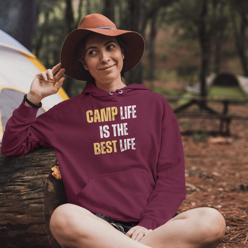 Introducing the ultimate Camping Hoodie for all you wilderness aficionados who believe that "Camp Life Is The Best Life" - because let's be honest, nothing beats the smell of pine trees in the morning, or the thrill of discovering that your tent is still waterproof after a surprise midnight downpour.