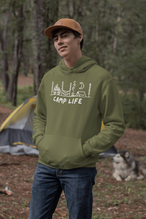 Introducing the ultimate companion for your outdoor adventures: the Camp Life Hoodie. Designed for those who find solace under the stars and joy by the campfire, this hoodie encapsulates the essence of camping. Featuring a picturesque camping scene that speaks directly to the heart of outdoor enthusiasts