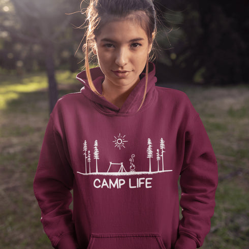 This hoodie Features a laid-back campsite logo, it’s made for folks who think burnt marshmallows are gourmet, tents are luxury suites, and every log is a potential chair.