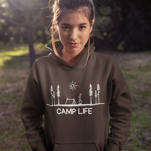 This hoodie Features a laid-back campsite logo, it’s made for folks who think burnt marshmallows are gourmet, tents are luxury suites, and every log is a potential chair.