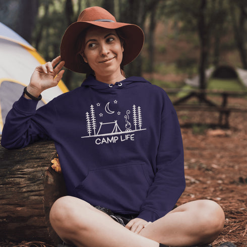 This cozy classic hoodie features a campsite-themed logo with the proud declaration: Camp Life—for those who believe marshmallows are a food group