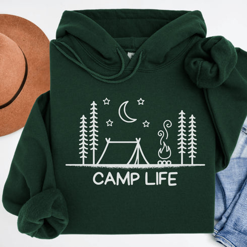 This cozy classic hoodie features a campsite-themed logo with the proud declaration: Camp Life—for those who believe marshmallows are a food group
