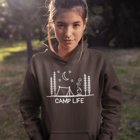 This cozy classic hoodie features a campsite-themed logo with the proud declaration: Camp Life—for those who believe marshmallows are a food group