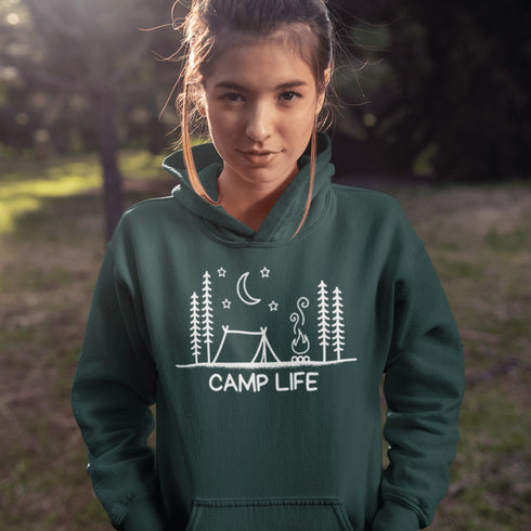 This cozy classic hoodie features a campsite-themed logo with the proud declaration: Camp Life—for those who believe marshmallows are a food group