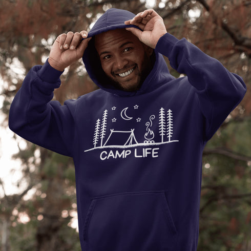 This cozy classic hoodie features a campsite-themed logo with the proud declaration: Camp Life—for those who believe marshmallows are a food group