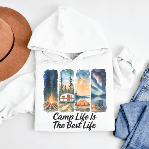 Our Camp Life Is The Best Life Hoodie features four epic camping scenes—from starry skies and crackling fires to cozy tents and scenic trails.
