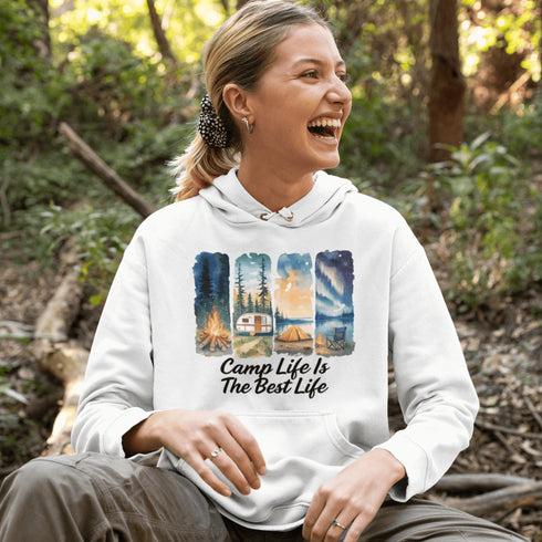 Our Camp Life Is The Best Life Hoodie features four epic camping scenes—from starry skies and crackling fires to cozy tents and scenic trails.