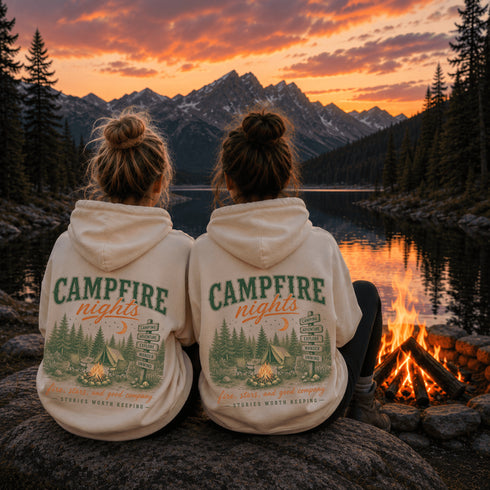 Two people sitting on a rock by a campfire at sunset, seen from behind, wearing matching beige hoodies with a green and orange 'CAMPFIRE nights' mountain camping graphic on the back. Mountains, a lake, and pine trees are visible in the background.