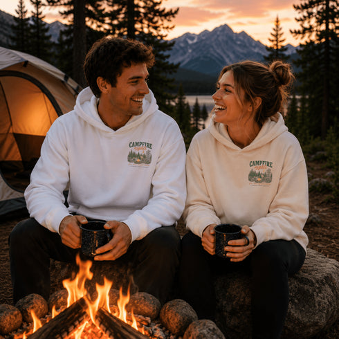 Vintage-inspired outdoor hoodie featuring a matching left chest graphic and large camping-themed back graphic, displayed in a lifestyle mockup inspired by campfires, camping, hiking, and outdoor adventures.