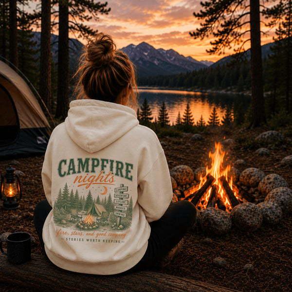 Vintage-inspired outdoor hoodie featuring a matching left chest graphic and large camping-themed back graphic, displayed in a lifestyle mockup inspired by campfires, camping, hiking, and outdoor adventures.