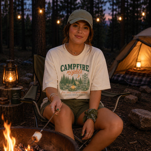Campfire Nights T-Shirt – Vintage Camping Graphic Tee for Campfire Lovers & Outdoor Adventures