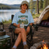 Vintage Campfire Nights camping graphic t-shirt featuring a retro forest campsite with a glowing campfire, tent, pine trees, and outdoor adventure design.