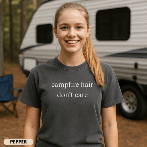 Funny Campfire Hair Don’t Care camping shirt for women. Cute graphic tee for RV trips, glamping, and outdoor adventures. Perfect gift for happy campers.