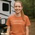 Funny Campfire Hair Don’t Care camping shirt for women. Cute graphic tee for RV trips, glamping, and outdoor adventures. Perfect gift for happy campers.
