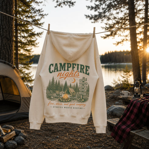 A cream-colored hoodie hanging on a clothesline at a lakeside campsite, featuring a green and orange graphic that reads 'CAMPFIRE nights' with a campfire, tents, and forest scene.