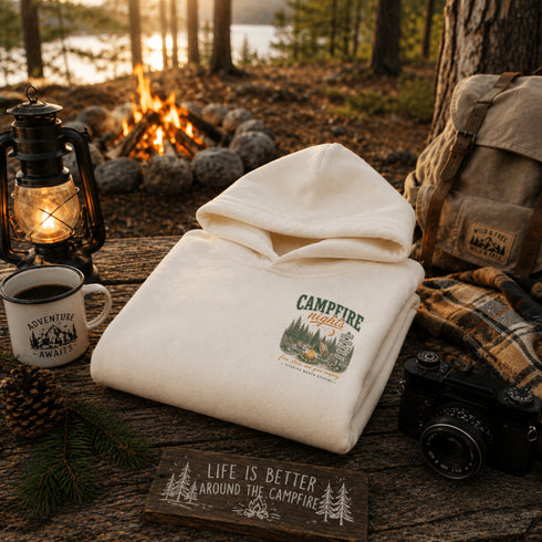 Vintage-inspired outdoor hoodie featuring a matching left chest graphic and large camping-themed back graphic, displayed in a lifestyle mockup inspired by campfires, camping, hiking, and outdoor adventures.