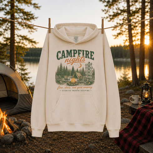 An off-white hooded sweatshirt hanging on a rope at a lakeside campsite, with a forest, tent, fire, mug, and lantern in the background. The hoodie has a large front graphic reading “CAMPFIRE nights” with trees, a campfire, and a signpost design.