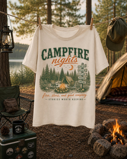 Vintage Campfire Nights camping graphic t-shirt featuring a retro forest campsite with a glowing campfire, tent, pine trees, and outdoor adventure design.