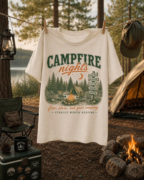 Vintage Campfire Nights camping graphic t-shirt featuring a retro forest campsite with a glowing campfire, tent, pine trees, and outdoor adventure design.