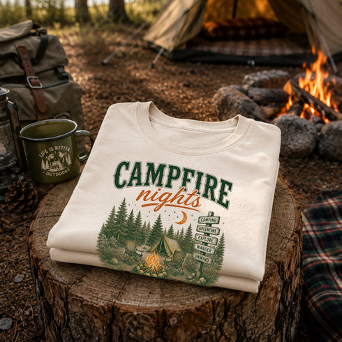 Vintage Campfire Nights camping graphic t-shirt featuring a retro forest campsite with a glowing campfire, tent, pine trees, and outdoor adventure design.