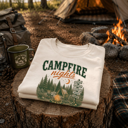 Vintage Campfire Nights camping graphic t-shirt featuring a retro forest campsite with a glowing campfire, tent, pine trees, and outdoor adventure design.