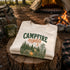 Vintage Campfire Nights camping graphic t-shirt featuring a retro forest campsite with a glowing campfire, tent, pine trees, and outdoor adventure design.