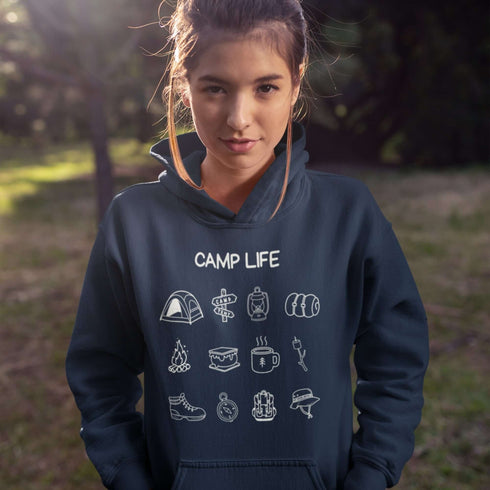 Pitch a tent, roast a marshmallow, and wear your weekend plans! Our Camp Life Hoodie is covered in playful camping doodles