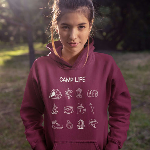 Pitch a tent, roast a marshmallow, and wear your weekend plans! Our Camp Life Hoodie is covered in playful camping doodles