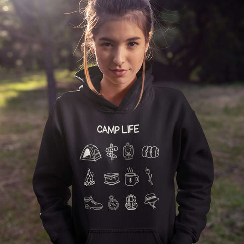Pitch a tent, roast a marshmallow, and wear your weekend plans! Our Camp Life Hoodie is covered in playful camping doodles